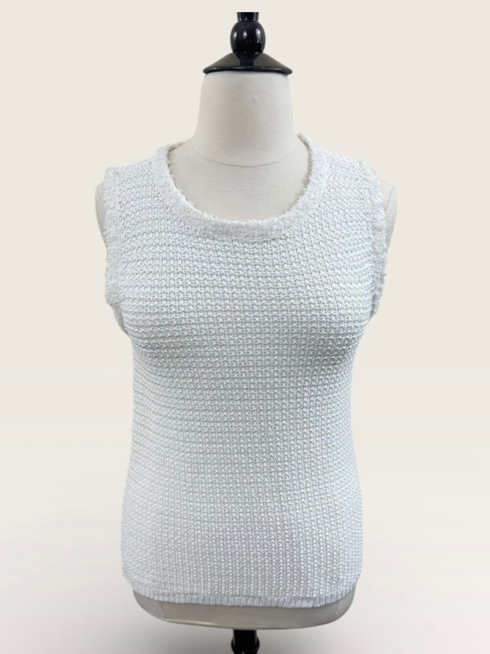 Ann Taylor White Knit Sleeveless Sweater with Fringe Detail, Size XL